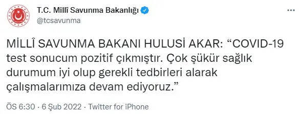 Son dakika: Milli Savunma Bakanı Hulusi Akar'ın koronavirüs testi pozitif çıktı - 1