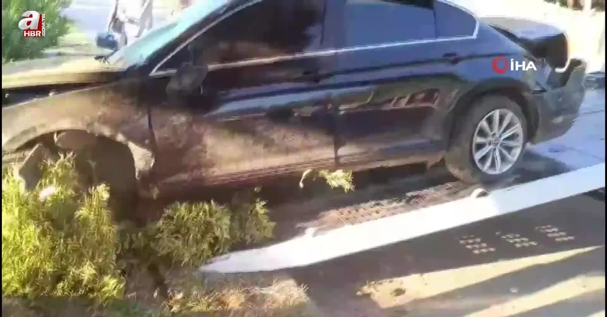 Otomobil refüje çarpıp ağaca saplandı