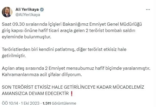 Ankara’da bombalı terör saldırısı hazırlığındaki 2 terörist etkisiz hale getirildi! İçişleri Bakanlığı: 2 terörist PKK mensubu...