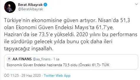 Son dakika: Hazine ve Maliye Bakanı Albayrak’tan Ekonomi Güven Endeksi açıklaması: Bunu çok daha ileri taşıyacağız