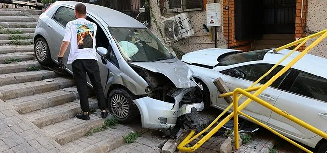 Alkollü sürücü dehşet saçtı! İki otomobil merdivenlere uçtu