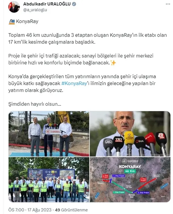 KonyaRay için düğmeye basıldı! Bakan Abdulkadir Uraloğlu: Geleceğe yatırım olarak görüyoruz