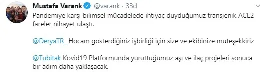 Son dakika: Bakan Mustafa Varank duyurdu: Aşı ve ilaç projeleri sonuca bir adım daha yaklaşacak