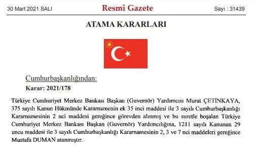 Son dakika: Merkez Bankası Başkan Yardımcılığına Mustafa Duman atandı