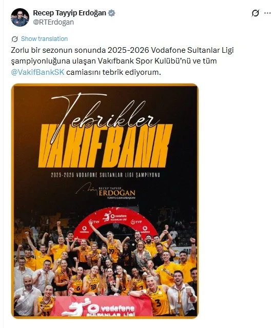 sultanlar-liginde-sampiyon-vakifbank-oldu-baskan-erdogandan-tebrik-1776631978033.jpg Başkan Erdoğan, şampiyon VakıfBank Spor Kulübü'nü tebrik etti (X)
