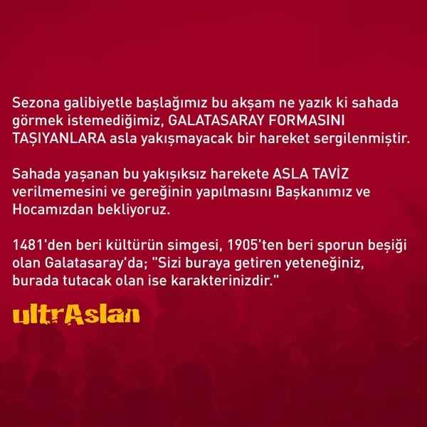 1629150178372.jpg Galatasaray taraftar grubu Ultraslan'dan Marcao ve Kerem Aktürkoğlu kavgasına yönelik son dakika açıklaması: Gereğinin yapılmasını bekliyoruz - 2