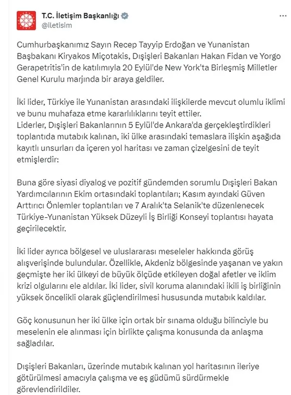 Başkan Erdoğan Yunanistan Başbakanı Miçotakis’i ABD’deki Türkevi’nde kabul etti: Olumlu iklimi muhafaza etmekte kararlıyız