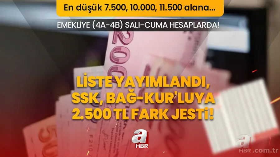 Liste yayımlandı, SSK, BAĞ-KUR'luya 2.500 TL fark jesti! Emekliye (4A-4B) Salı-Cuma hesaplarda! 1
