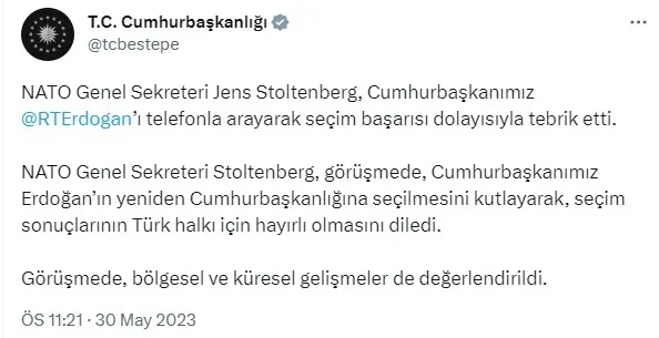 NATO Genel Sekreteri Jens Stoltenberg’den Başkan Erdoğan’a seçim tebriği
