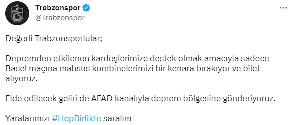 Trabzonspor’dan deprem bölgesi için bir yardım kampanyası daha! Ahmet Ağaoğlu’ndan Basel maçı için flaş çağrı