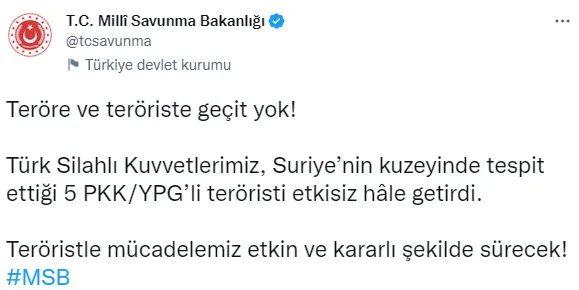 Son dakika: Suriye’nin kuzeyinde PKK’lı 5 terörist öldürüldü
