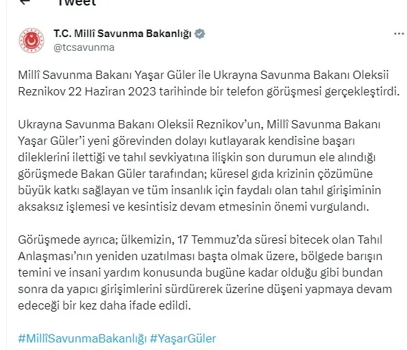 Bakan Yaşar Güler Ukrayna Savunma Bakanı Oleksii Reznikov ile görüştü! Tahıl Anlaşması ele alındı
