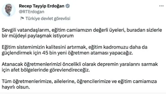 45 bin öğretmen ataması son dakika! 45 bin öğretmen ataması başvuruları ne zaman? Branş kontenjan ve sayıları...Başkan Erdoğan duyurdu...