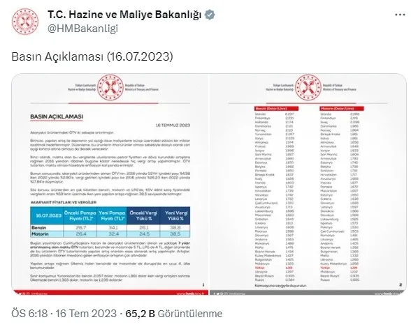 Hazine ve Maliye Bakanlığından akaryakıtta ÖTV artışı açıklaması