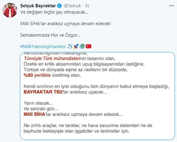 Selçuk Bayraktar'dan yanıt: Milli SİHA'lar semalarımızda hür ve özgür aralıksız uçmaya devam edecek - 1