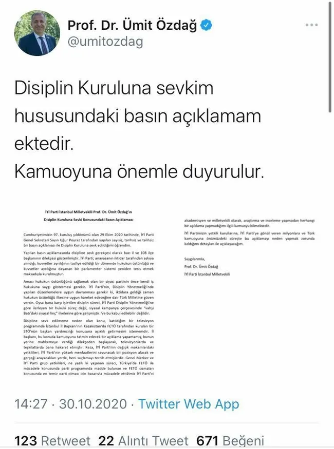İYİ Parti’deki FETÖ kriziyle ilgili Ümit Özdağ’dan açıklama