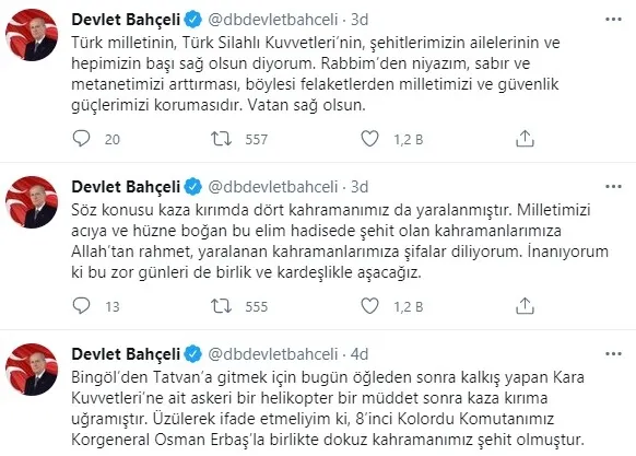 MHP Genel Başkanı Devlet Bahçeli’den Bitlis’te helikopter kazasında şehit düşen şehitler için taziye