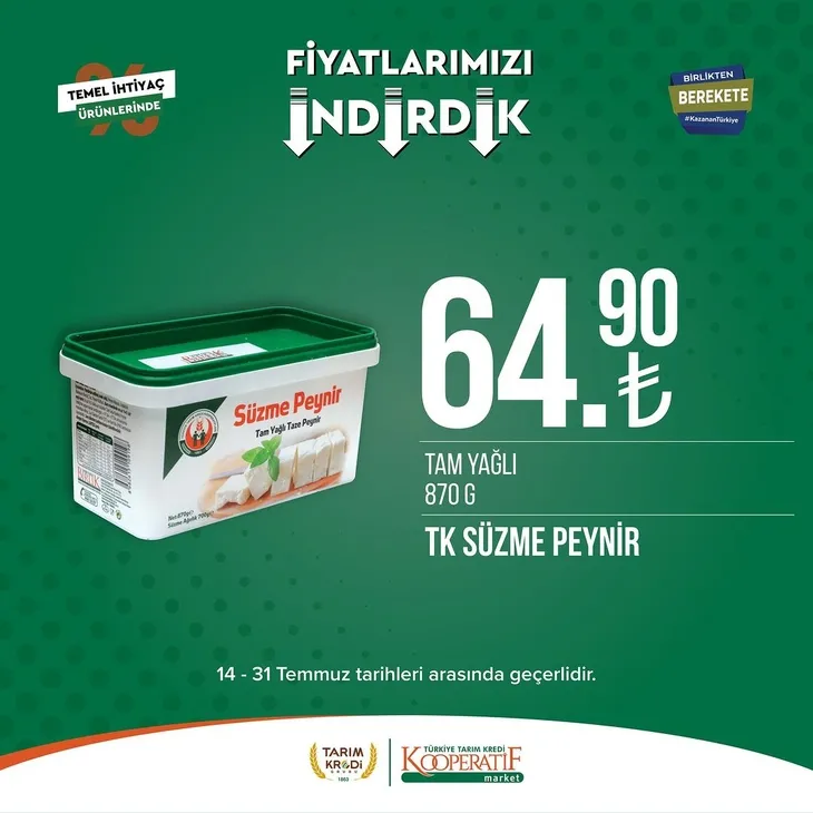 Tarım Kredi Market indirimlerinde son 6 gün! Katalogda yok yok! Çamaşır deterjanı 99.90, Ayçiçek yağı 36.90, Süzme peynir 64.90, zeytin 57.90 TL...