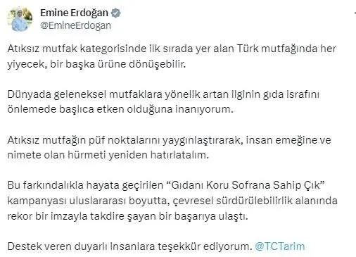 1696183266247.jpg Emine Erdoğan'dan "Gıdanı Koru Sofrana Sahip Çık" kampanyasına ilişkin paylaşım - 1
