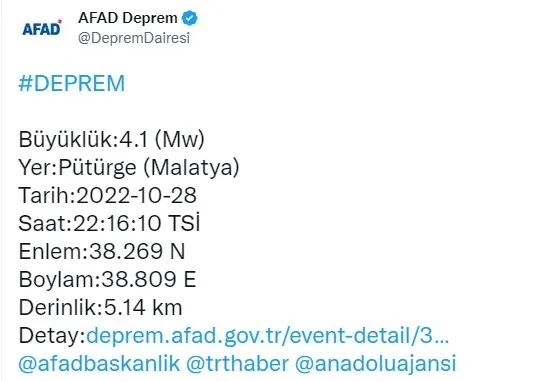 Malatya Pütürge'de deprem! AFAD açıkladı - 2