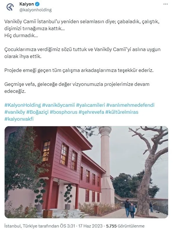 Kalyon Vakfı’ndan Vaniköy Camii açıklaması: Çocuklarımıza verdiğimiz sözü tuttuk