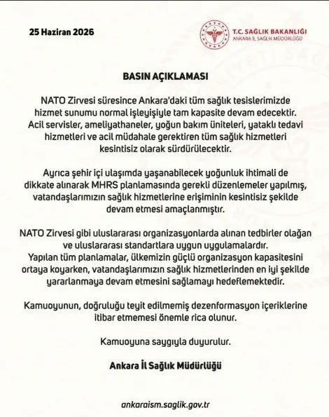 ankarada-7-8-temmuzda-hangi-yollar-kapali-nato-zirvesi-alternatif-guzergahlar-1782482260807.jpg Bakanlık, NATO Zirvesi süresince Ankara’da sağlık hizmetlerinin kesintisiz devam edeceğini açıkladı. (Görsel: Sağlık Bakanlığı)