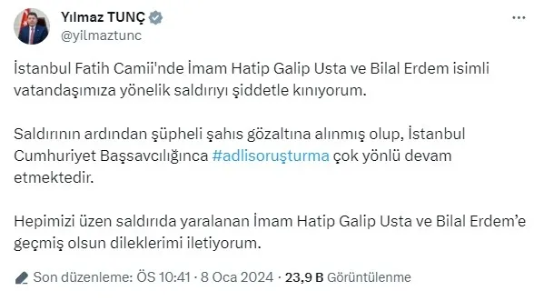 Fatih Camii imamına bıçaklı saldırı! Kurra Hafız Galip Usta omzundan yaralandı | Saldırgan tutuklandı