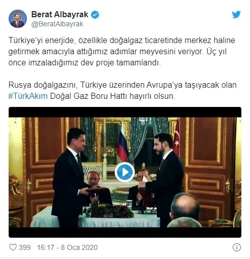 Hazine ve Maliye Bakanı Berat Albayrak’tan TürkAkım paylaşımı