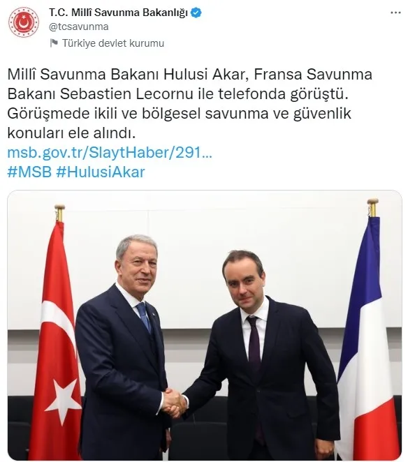 Milli Savunma Bakanı Hulusi Akar Fransa Savunma Bakanı Lecornu ile görüştü