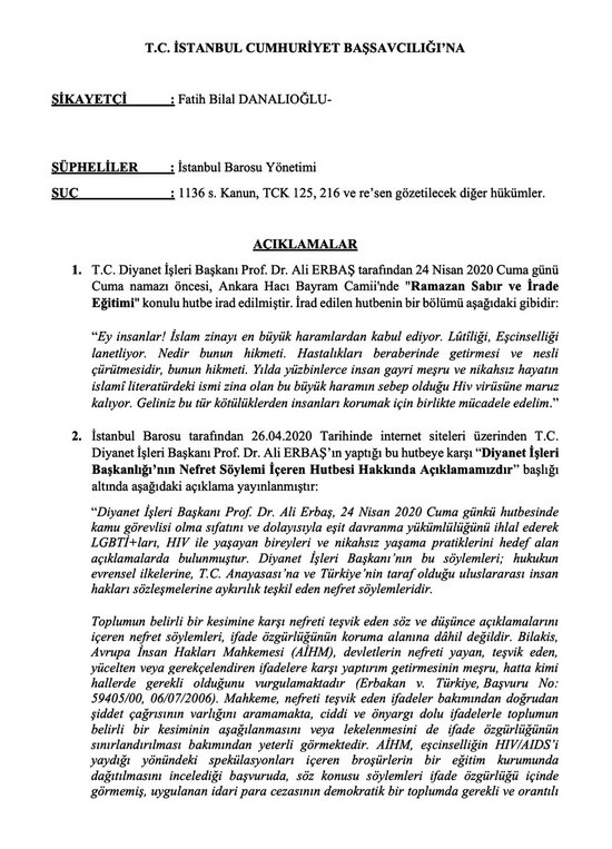Diyanet İşleri Başkanı Ali Erbaş ve İslam dinini hedef alan İstanbul Barosu hakkında suç duyurusu - 1