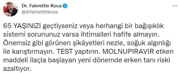 Son dakika: Sağlık Bakanı Fahrettin Koca’dan 65 yaş ve üstü için test uyarısı