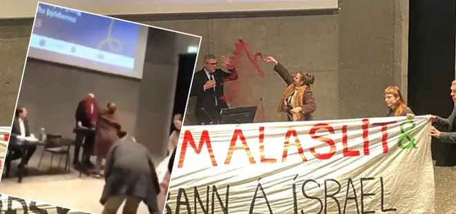 İzlanda Dışişleri Bakanına Gazze tepkisi! Kırmızı boya fırlatıldı ‘Filistin’de ateşkes’ pankartı açıldı
