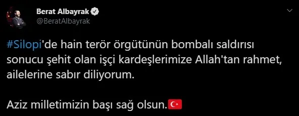 Hazine ve Maliye Bakanı Berat Albayrak’tan şehit işçiler için mesaj - 1