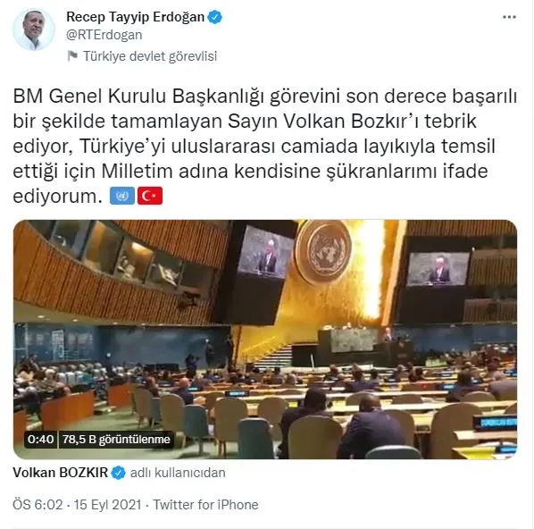 Başkan Recep Tayyip Erdoğan'dan Volkan Bozkır'a tebrik mesajı - 1