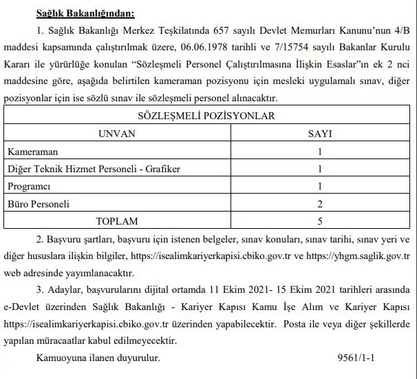 Son dakika: Sağlık Bakanlığı duyurdu! Sözleşmeli personel alınacak - 1