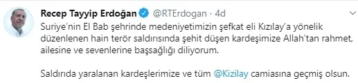 Son dakika: Başkan Erdoğan’dan El Bab’da Kızılay’a düzenlenen saldırı için başsağlığı mesajı