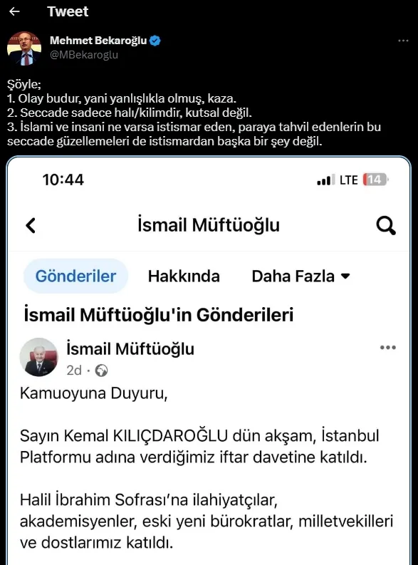 Seccade saygısızlığına pişkin savunma: CHP’li Gürsel Tekin: Seccade sadece halı/kilimdir, kutsal değil