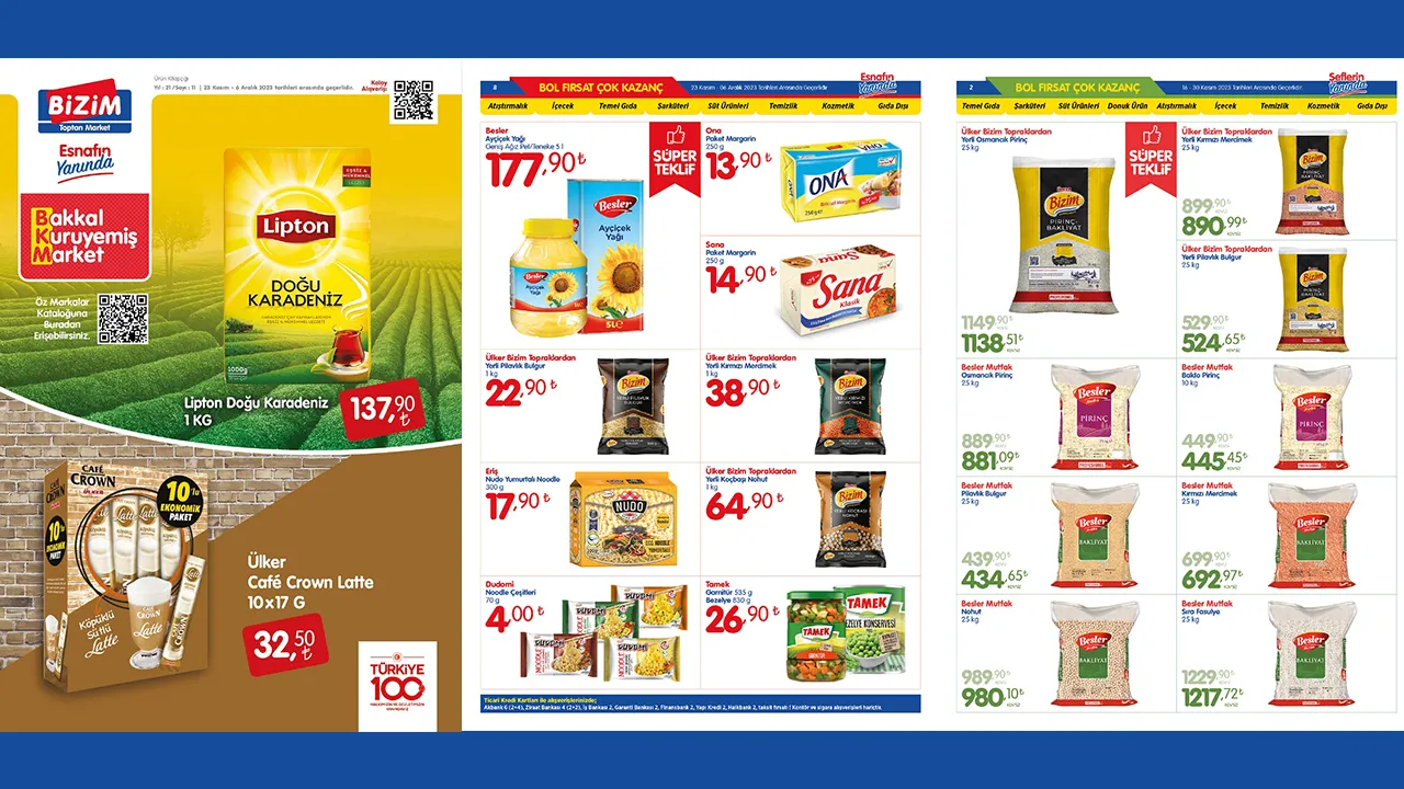 Bizim Toptan Market 29 Kasım indirim kataloğu yayında! Bu ayın son indirim listesindeki ürünler arasında temel gıda uygun fiyata satışta…