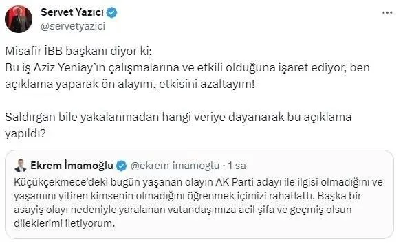 AK Parti programına silahlı saldırı sonrası Ekrem İmamoğlu’ndan tepki çeken açıklama: AK Parti adayı ile ilgisi olmadığını... | Yeniay A Haber’de klavye silahşörlerine seslendi