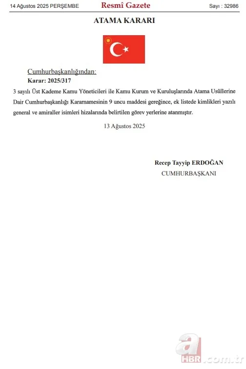 Başkan Erdoğan imzaladı! General ve Amiral atamaları Resmi Gazete'de! 2