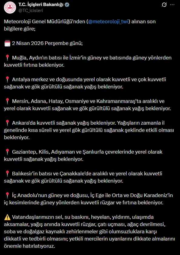 col-tozu-ve-sel-alarmi-adil-tek-uyardi-bu-geceye-dikkat-nisanda-bahar-gecikiyor-1775057079844.jpg İçişleri Bakanlığı uyarısına göre birçok ilde kuvvetli yağış ve fırtına bekleniyor. (KAYNAK: X)