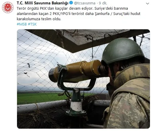 Son dakika: MSB: PKK-YPG’li 2 terörist teslim oldu