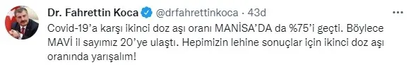 Bakan Fahrettin Koca: İki doz aşılamada "mavi kategori"ye giren il sayısı 20'ye yükseldi - 1