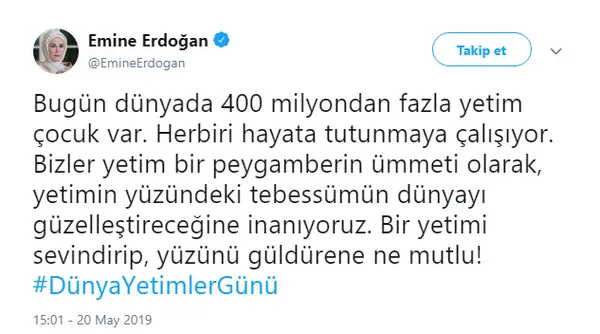 Emine Erdoğan’dan Dünya Yetimler Günü mesajı