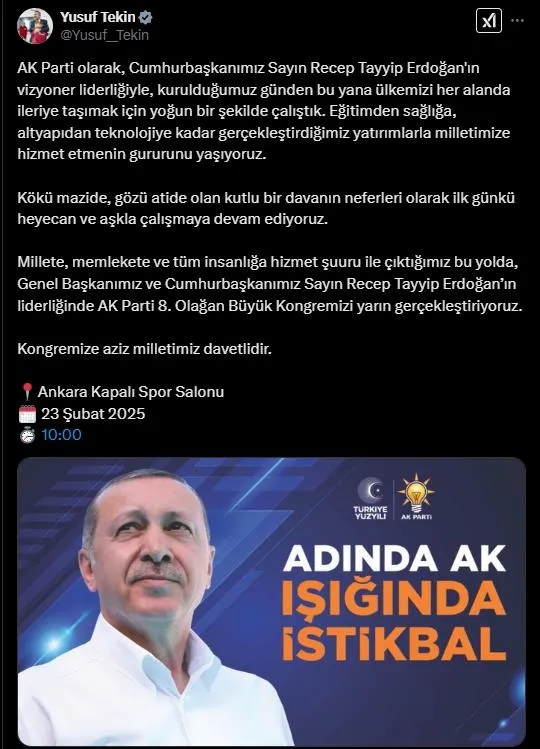 Adında AK Işığında İstikbal! Bakanlardan peş peşe AK Parti’nin 8. Olağan Büyük Kongresi’ne ilişkin paylaşım
