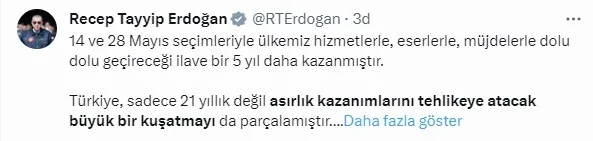 baskan-erdogandan-turkiye-yuzyilina-yonelik-mesajlar-1687023328936.jpg Başkan Erdoğan'dan Türkiye Yüzyılı'na yönelik paylaşım: Ülkemiz hizmetlerle eserlerle ve müjdelerle dolu bir 5 yıl daha kazanmıştır - 1