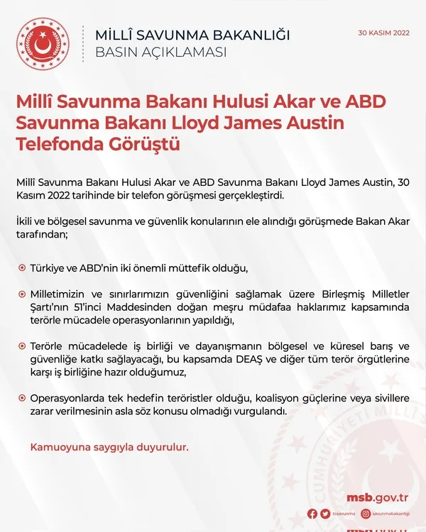 son-dakika-milli-savunma-bakani-hulusi-akar-abdli-mevkidasi-lloyd-austin-ile-gorustu-1669840624859.jpg Milli Savunma Bakanı Hulusi Akar ABD'li mevkidaşı Lloyd Austin ile görüştü: "Mücadele hakkımız! Tek hedef teröristler" - 4