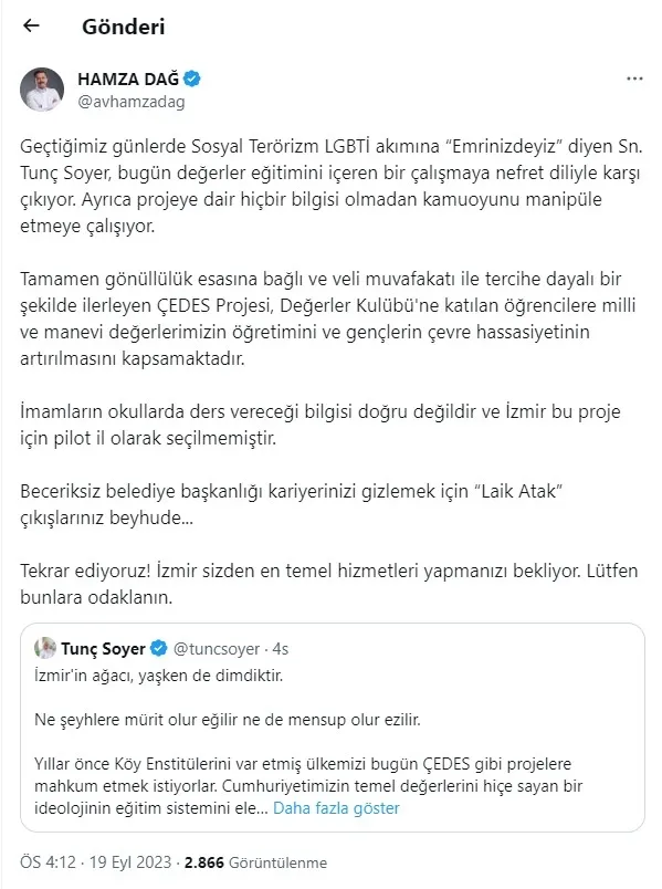 CHP’li Tunç Soyer’den LGBT sapkınlığına destek itirafı! AK Partili Hamza Dağ’dan sert tepki: Sizden beklenen İzmir’e hizmettir