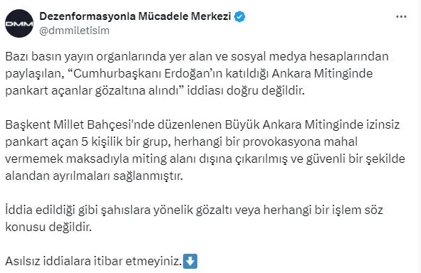 Fondaş medya yine patladı! Ankara mitinginde pankart açanlar gözaltına alındı iddiasına yalanlama! Dezenformasyonla Mücadele Merkezi: Söz konusu değildir