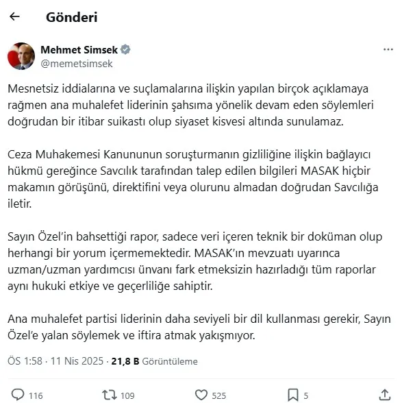 Hazine ve Maliye Bakanı Mehmet Şimşek’ten Özel’e sert yanıt: İftira atmak yakışmıyor